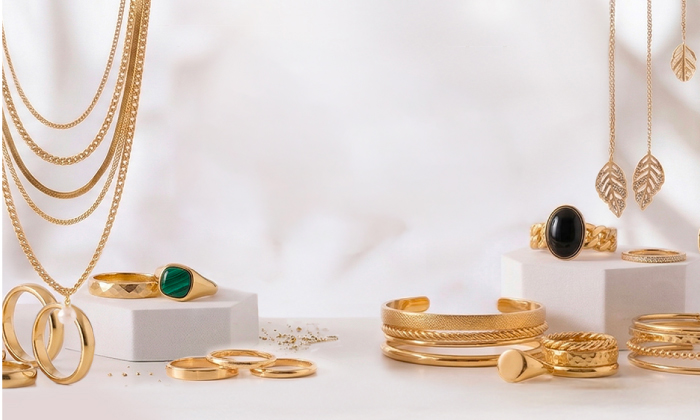 Refurbished gold jewellery displayed on a white marble surface